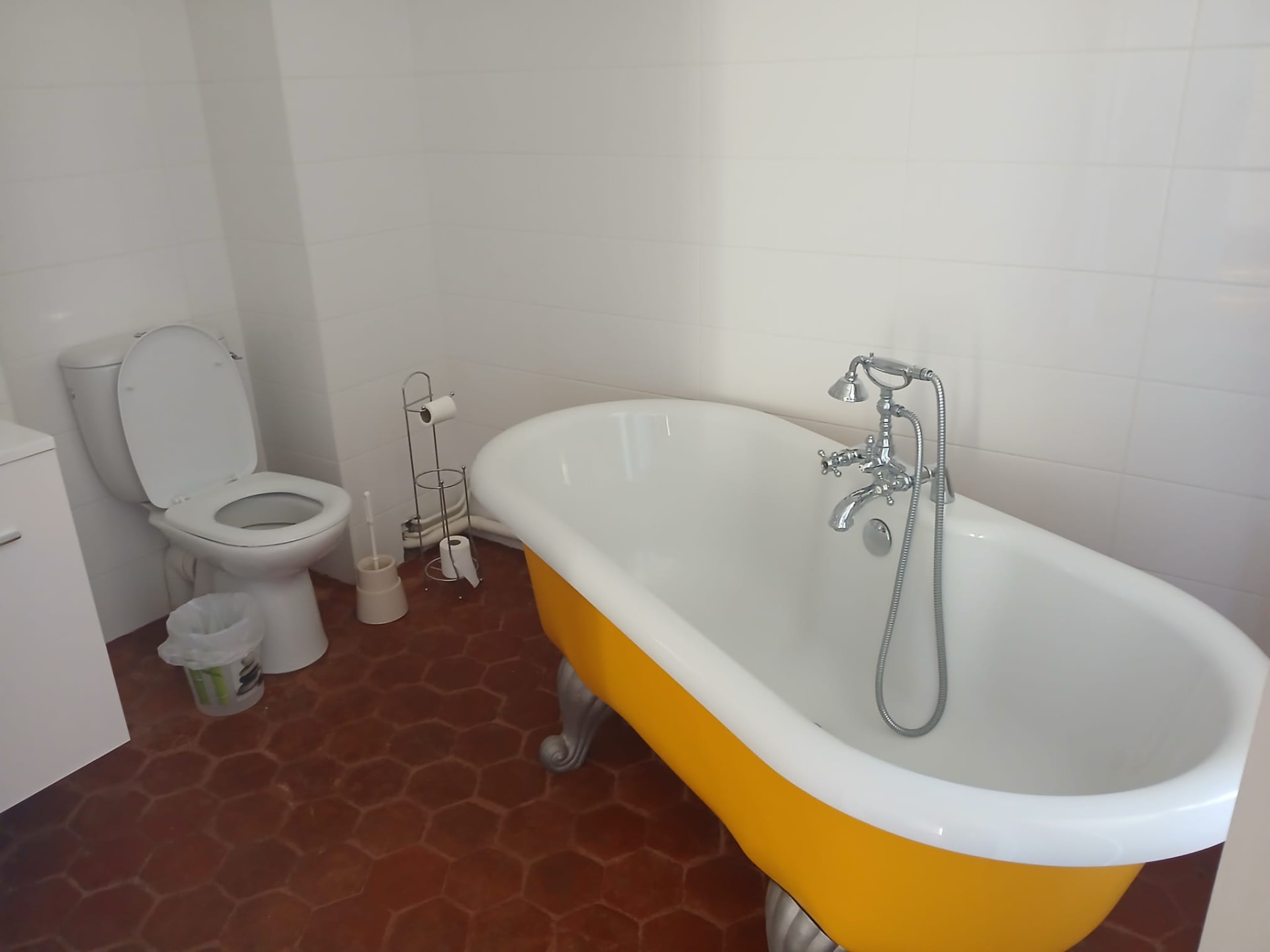Salle de bain avec une baignoire sur pieds et des toilettes